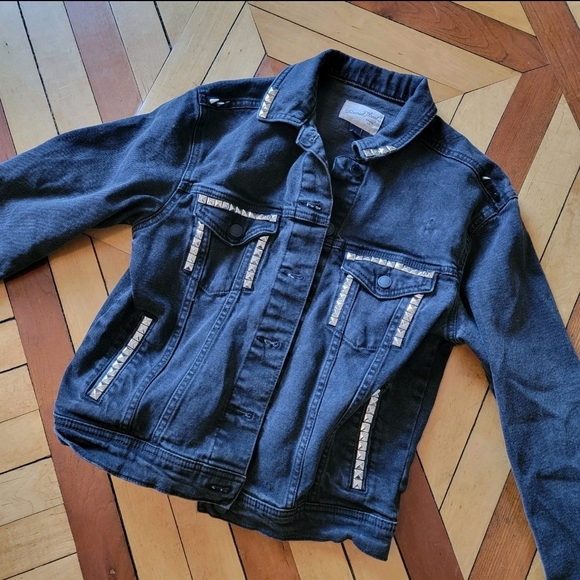Black Denim Studded Jacket Spikes Punk Emo Goth XS - Picture 7 of 8